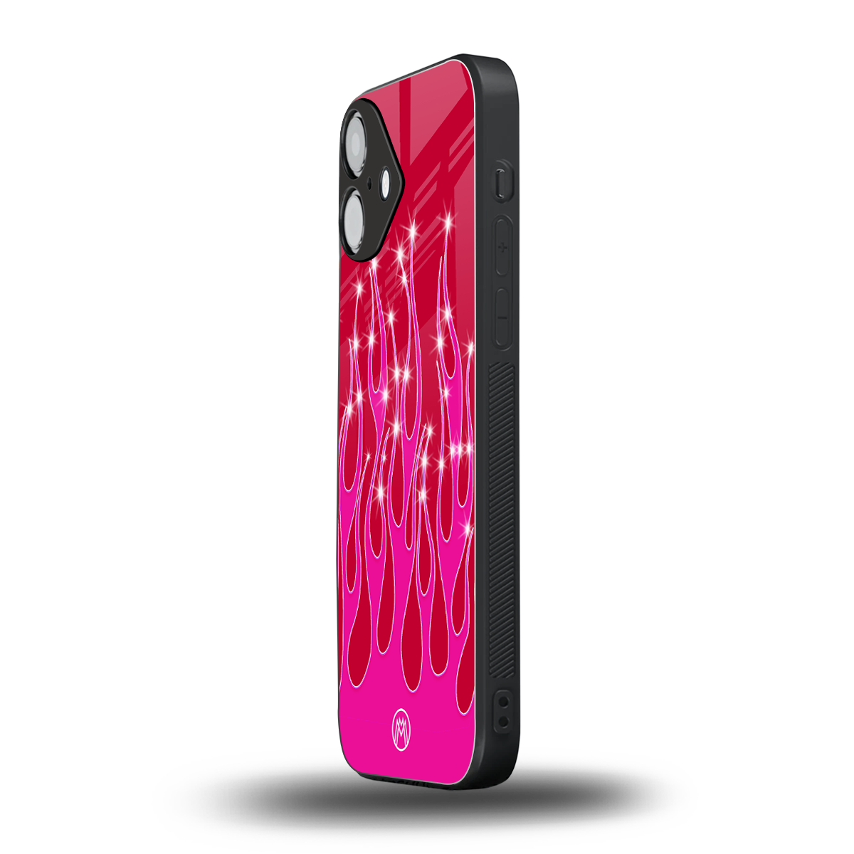 y2k magenta glittery flames back phone cover | glass case for iphone 16 plus