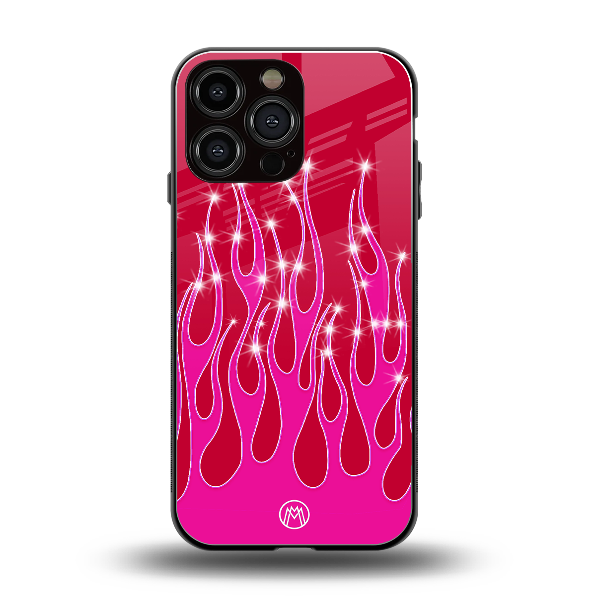 y2k magenta glittery flames back phone cover | glass case for iphone 16 pro max