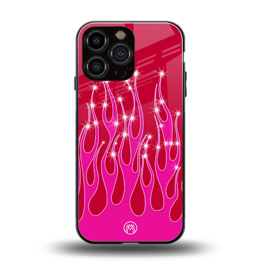 y2k magenta glittery flames back phone cover | glass case for iphone 16 pro max