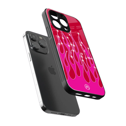 y2k magenta glittery flames back phone cover | glass case for iphone 16 pro max