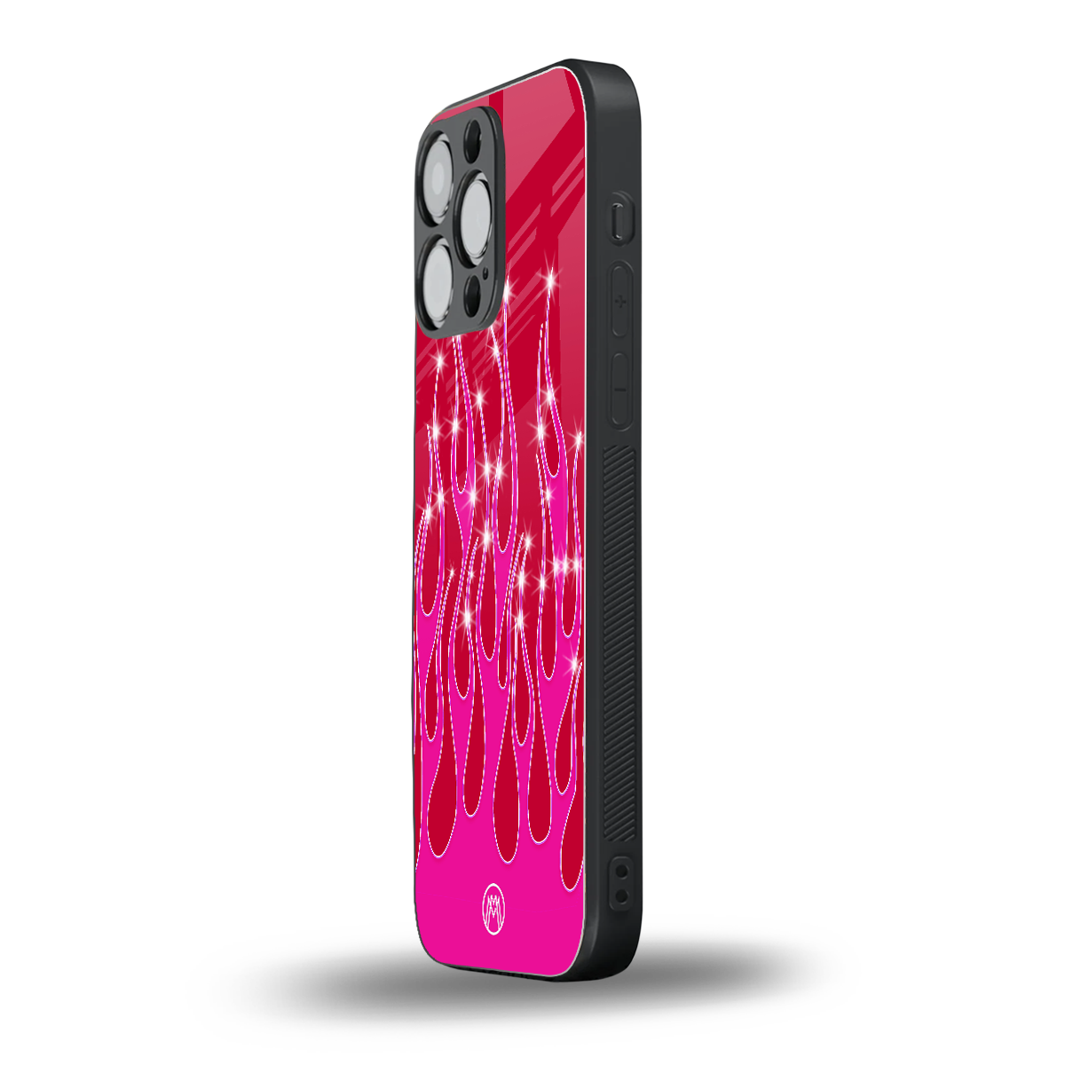 y2k magenta glittery flames back phone cover | glass case for iphone 16 pro max