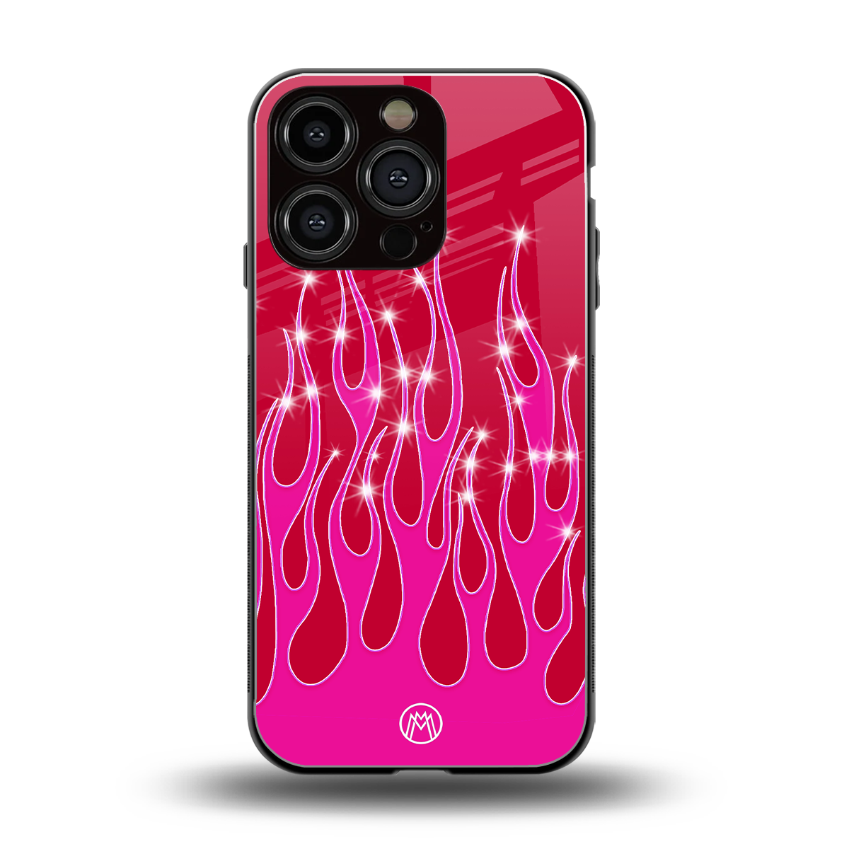 y2k magenta glittery flames back phone cover | glass case for iphone 16 pro