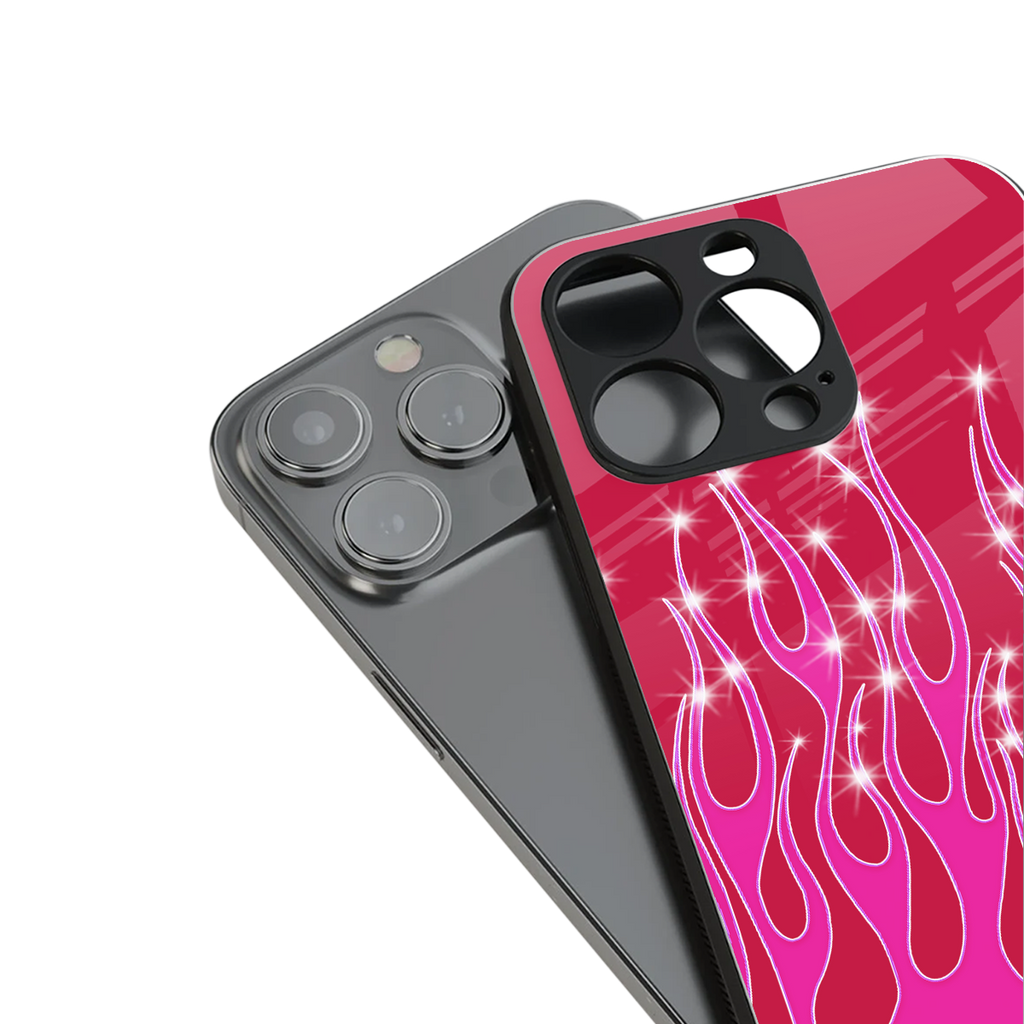 y2k magenta glittery flames back phone cover | glass case for iphone 14 pro max