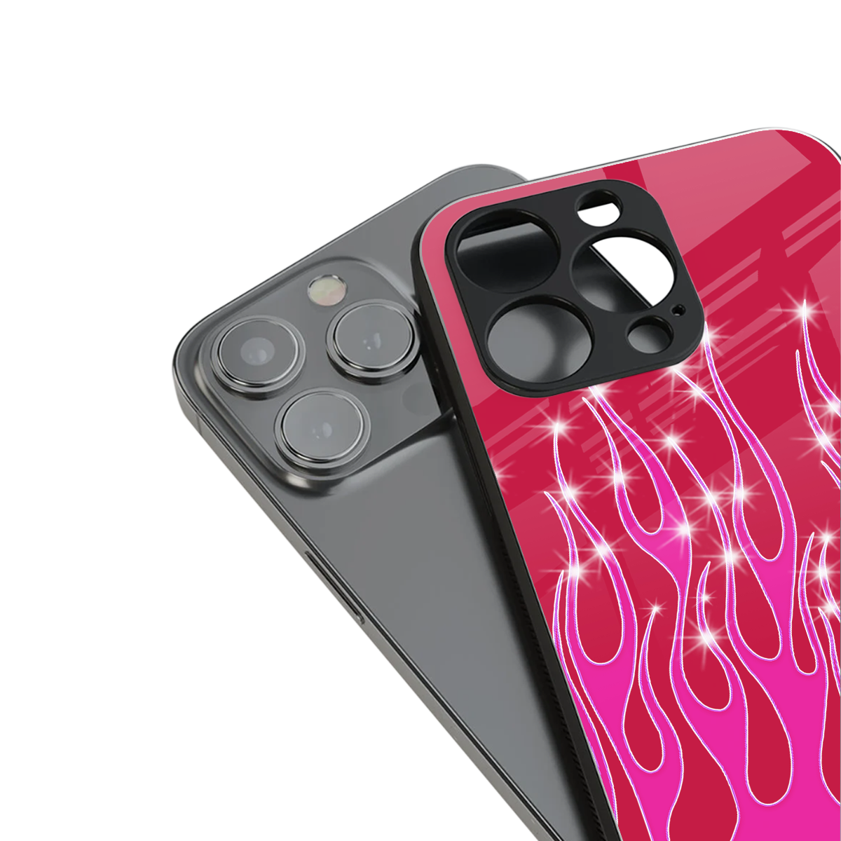 y2k magenta glittery flames back phone cover | glass case for iphone 14 pro max