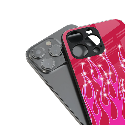 y2k magenta glittery flames back phone cover | glass case for iphone 16 pro