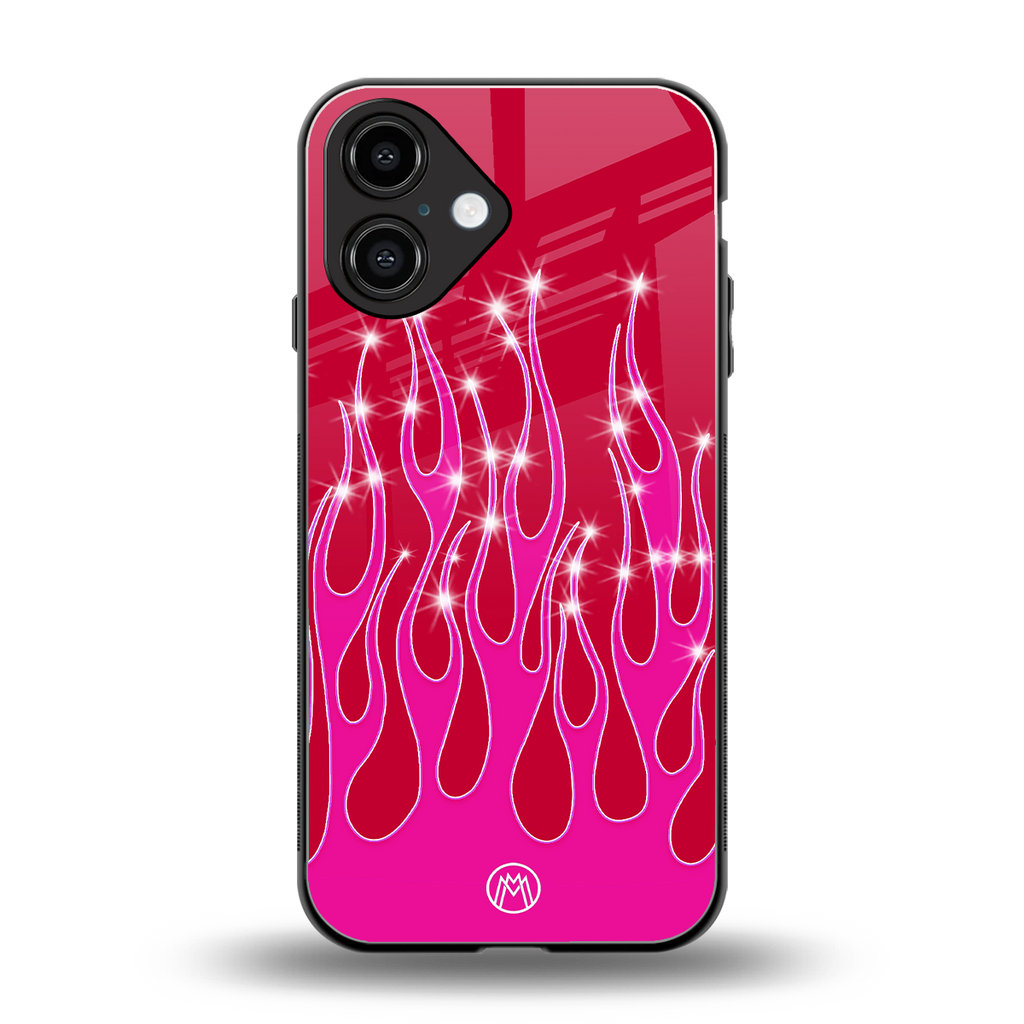y2k magenta glittery flames back phone cover | glass case for iphone 16