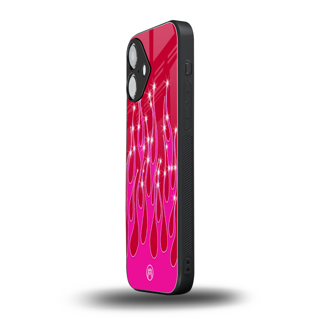y2k magenta glittery flames back phone cover | glass case for iphone 16