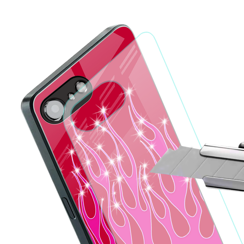 y2k magenta glittery flames back phone cover | glass case for iphone 16e