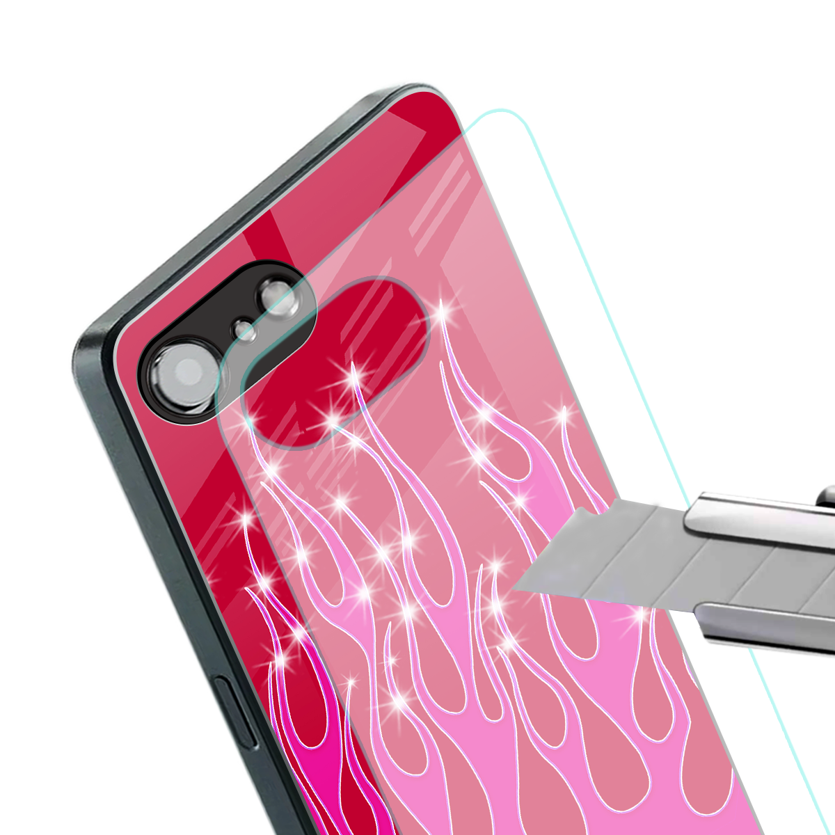 y2k magenta glittery flames back phone cover | glass case for iphone 16e