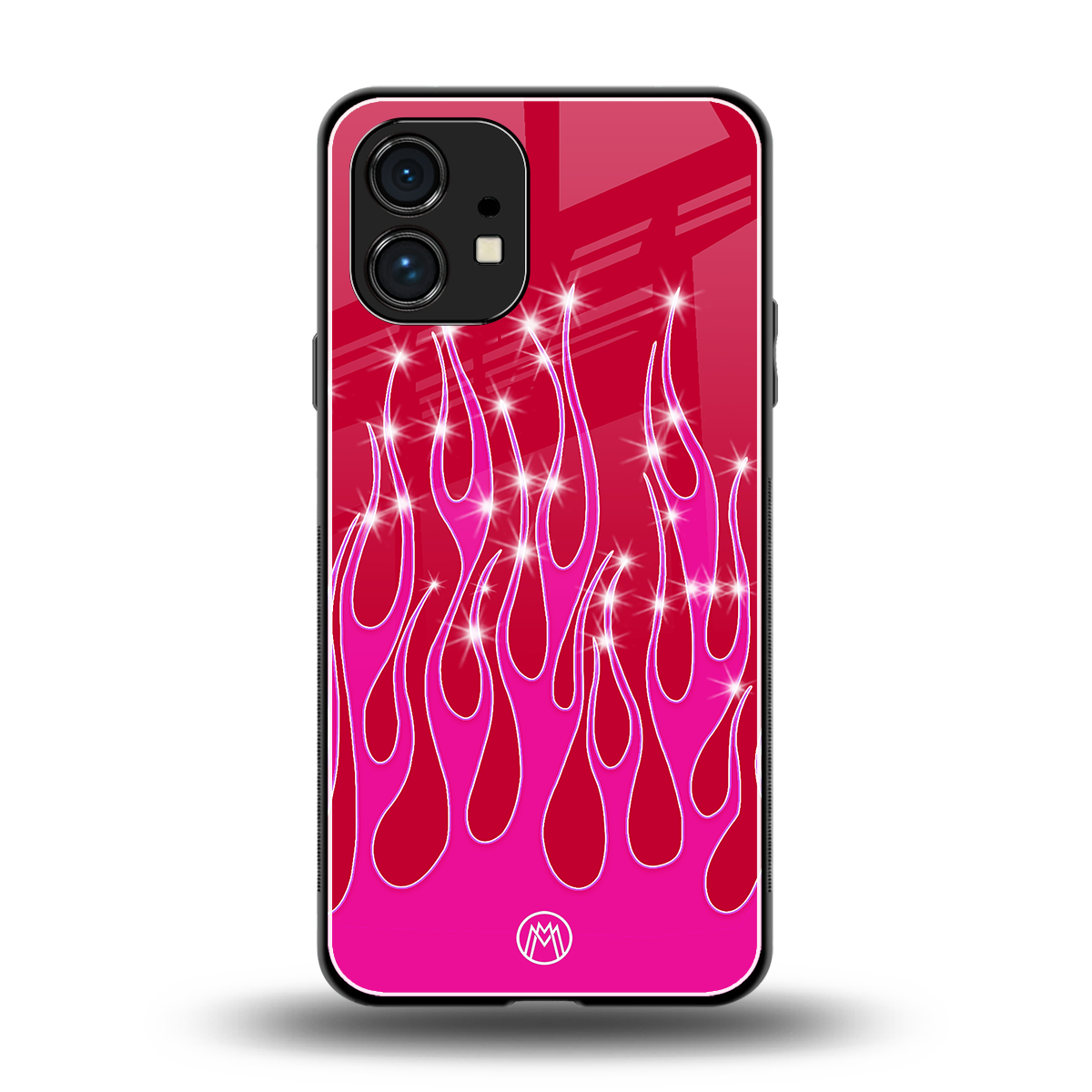 y2k magenta glittery flames back phone cover | glass case for nothing phone 1