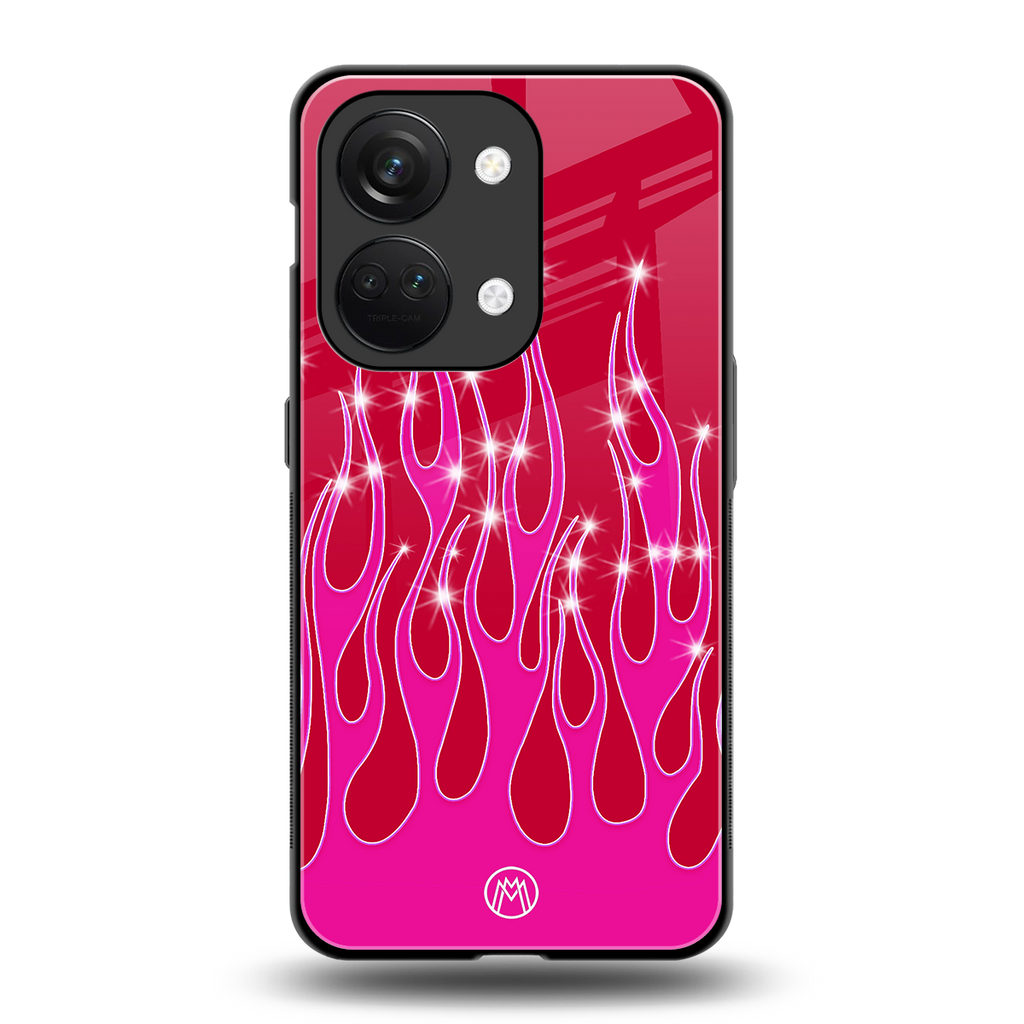 y2k magenta glittery flames back phone cover | glass case for oneplus nord 3