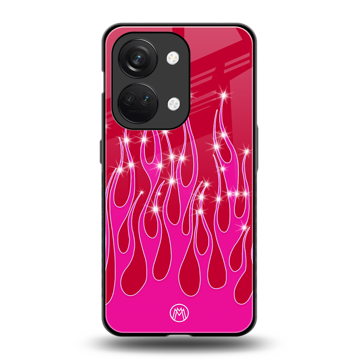 y2k magenta glittery flames back phone cover | glass case for oneplus nord 3