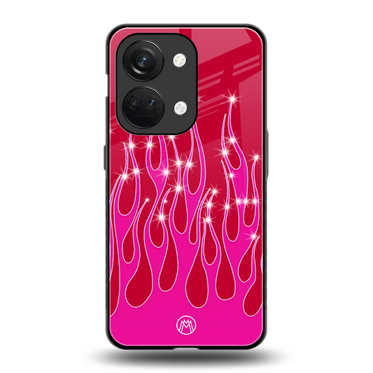 y2k magenta glittery flames back phone cover | glass case for oneplus nord 3