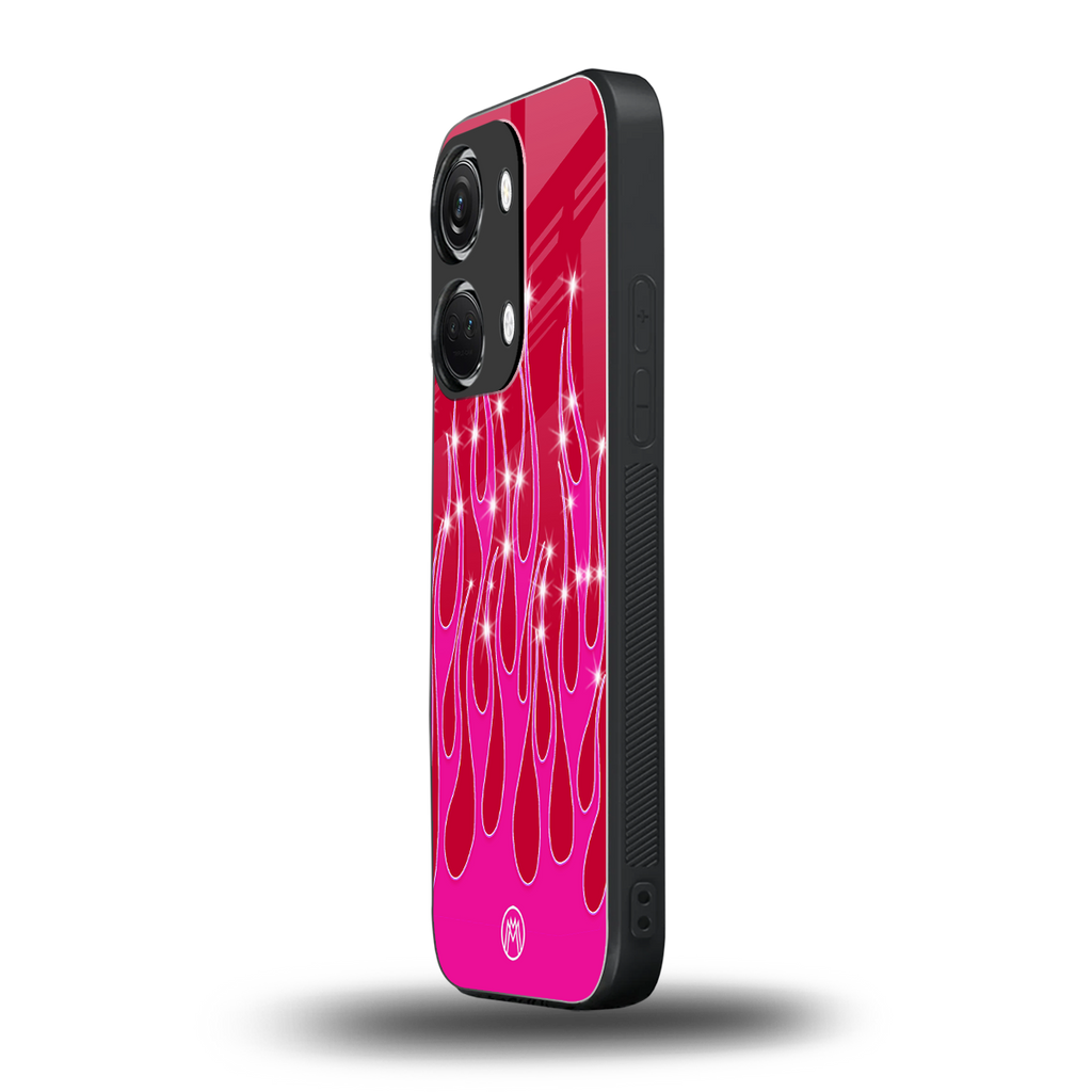 y2k magenta glittery flames back phone cover | glass case for oneplus nord 3