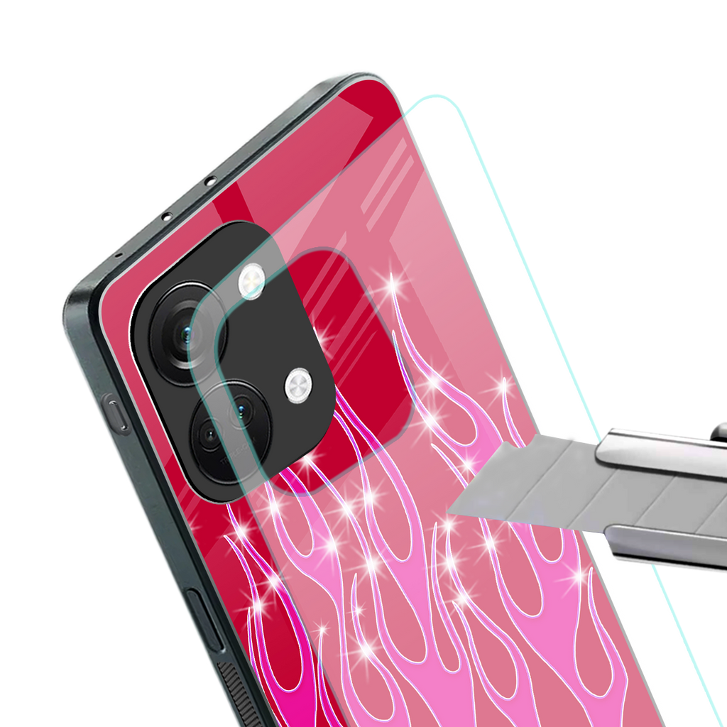 y2k magenta glittery flames back phone cover | glass case for oneplus nord 3