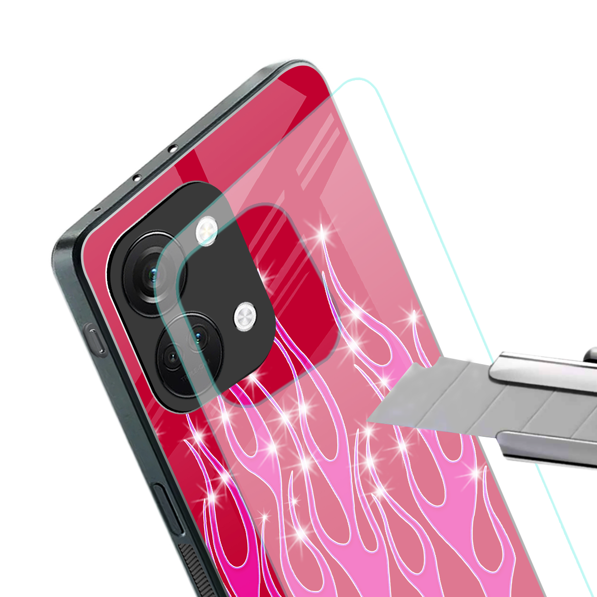 y2k magenta glittery flames back phone cover | glass case for oneplus nord 3