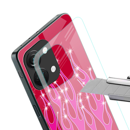 y2k magenta glittery flames back phone cover | glass case for oneplus nord 3