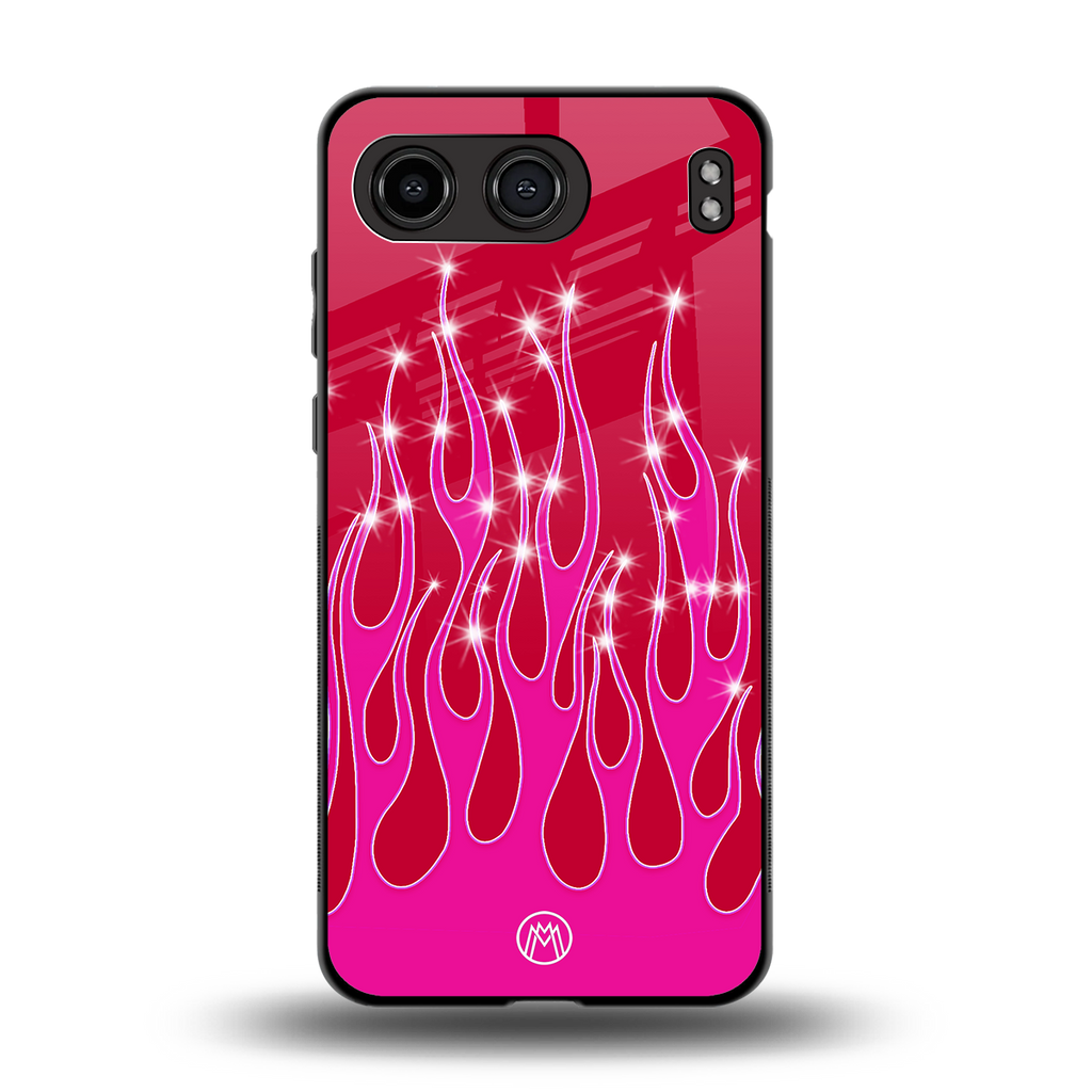 y2k magenta glittery flames back phone cover | glass case for oneplus nord 4