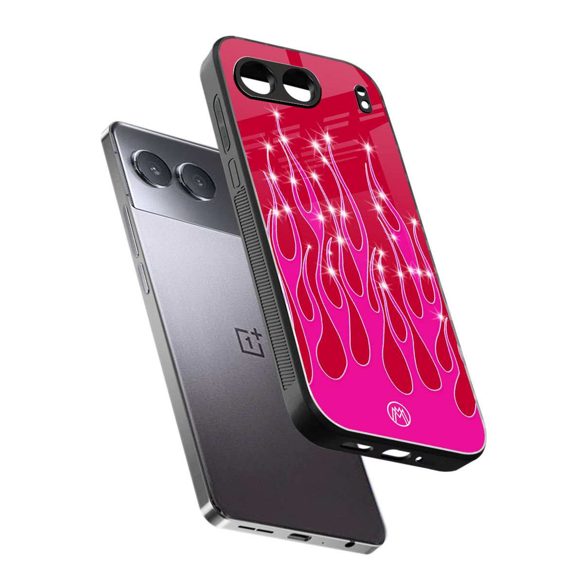 y2k magenta glittery flames back phone cover | glass case for oneplus nord 4