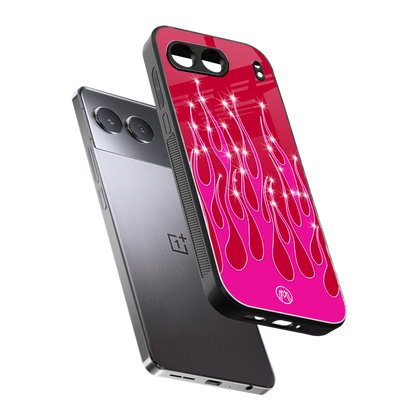 y2k magenta glittery flames back phone cover | glass case for oneplus nord 4