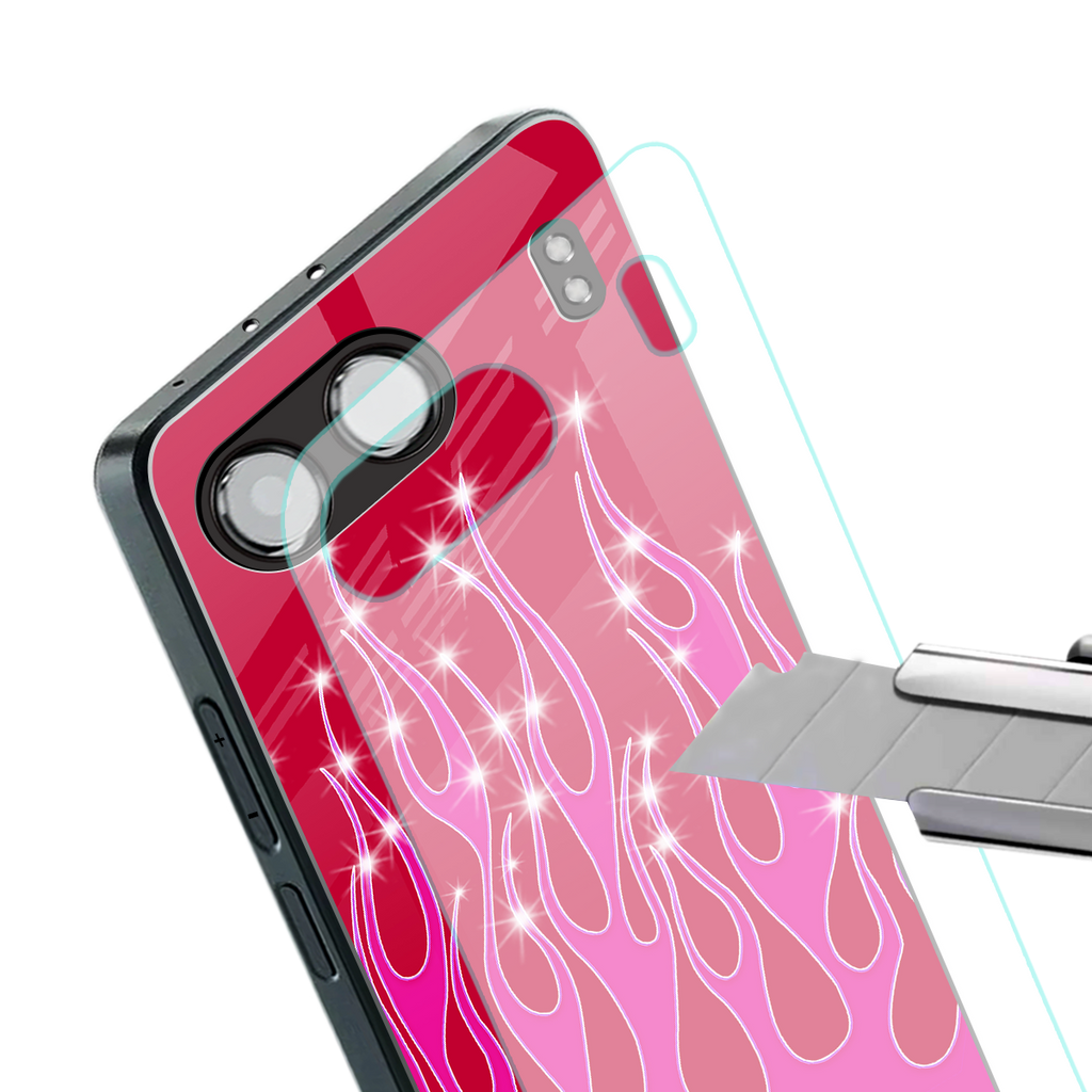 y2k magenta glittery flames back phone cover | glass case for oneplus nord 4