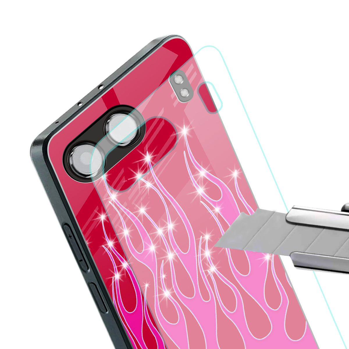 y2k magenta glittery flames back phone cover | glass case for oneplus nord 4