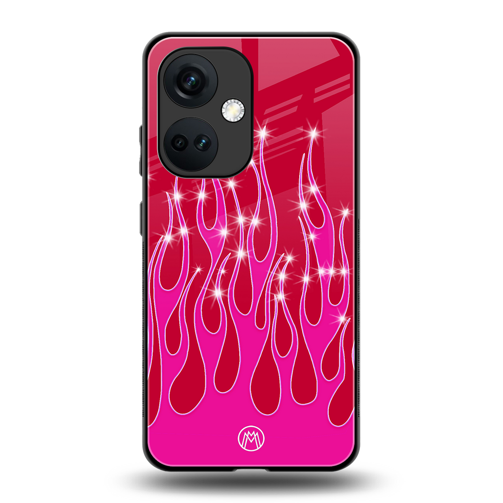y2k magenta glittery flames back phone cover | glass case for oneplus nord ce 3