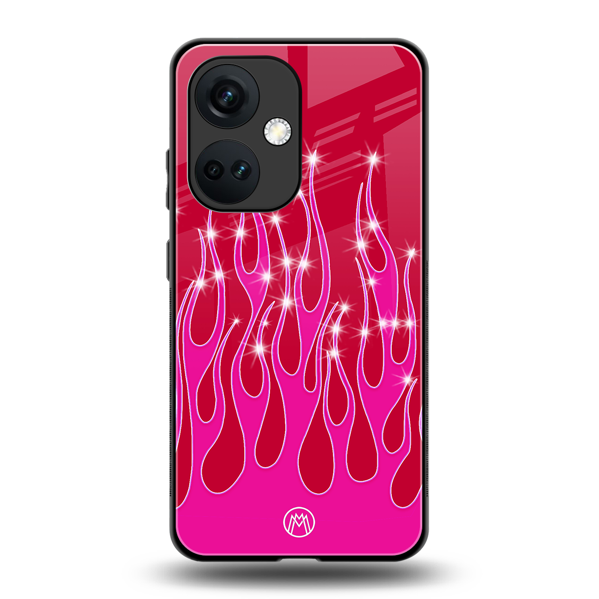 y2k magenta glittery flames back phone cover | glass case for oneplus nord ce 3