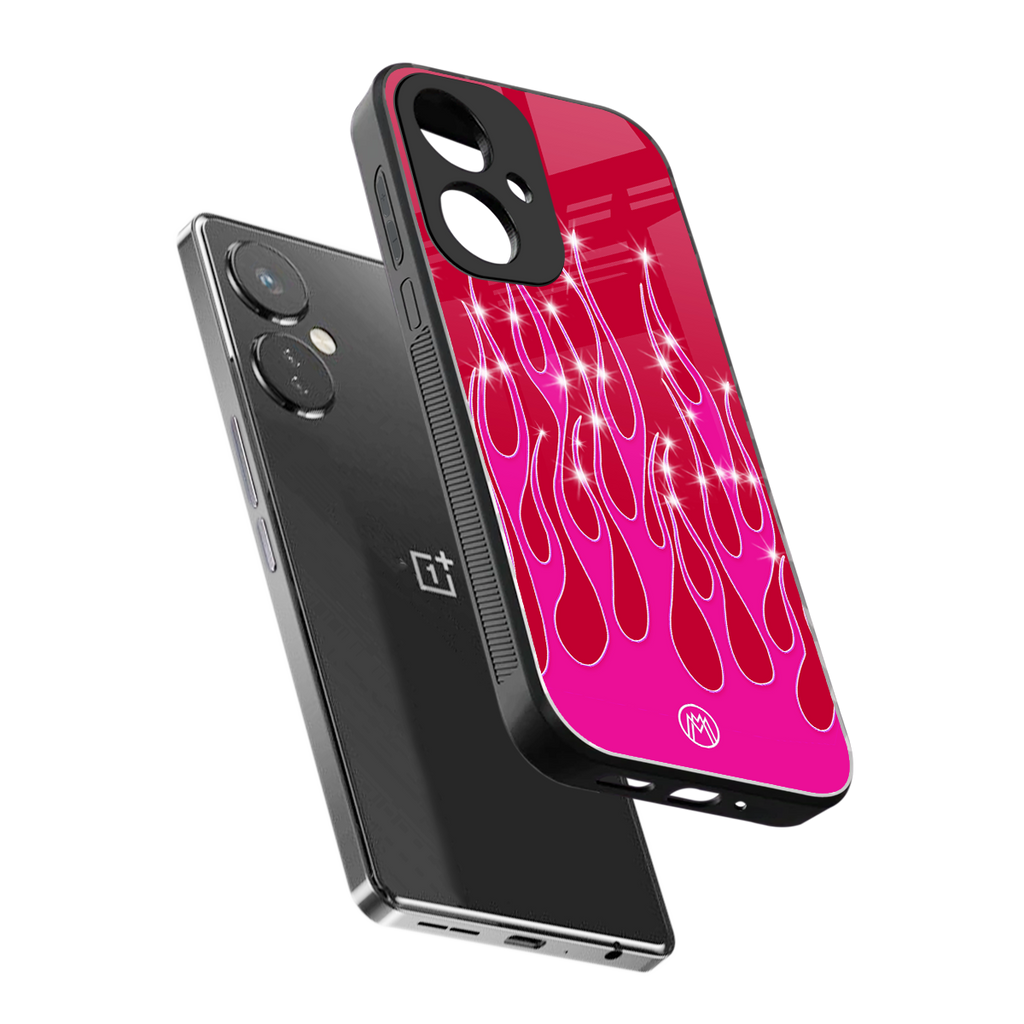 y2k magenta glittery flames back phone cover | glass case for oneplus nord ce 3