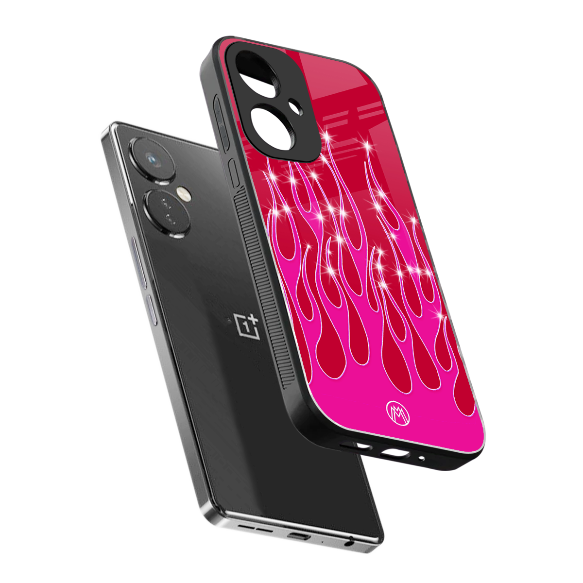 y2k magenta glittery flames back phone cover | glass case for oneplus nord ce 3