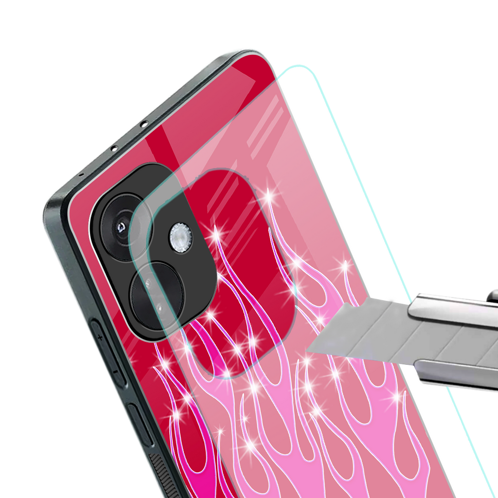 y2k magenta glittery flames back phone cover | glass case for oneplus nord ce 3
