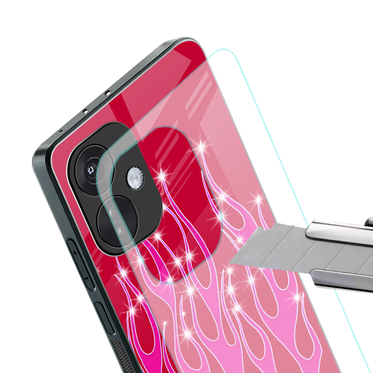 y2k magenta glittery flames back phone cover | glass case for oneplus nord ce 3