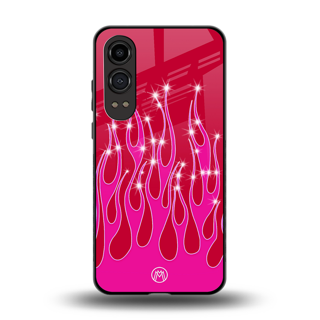y2k magenta glittery flames back phone cover | glass case for oneplus nord ce 4 lite