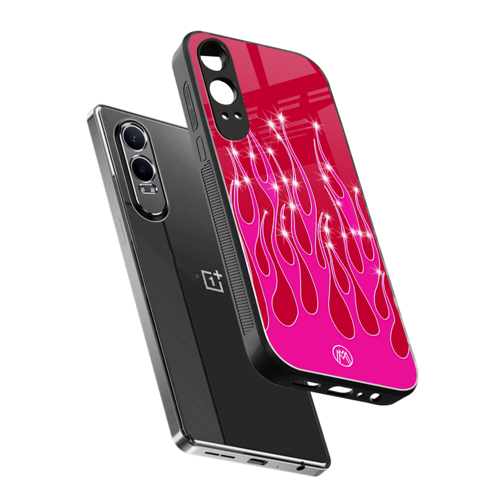 y2k magenta glittery flames back phone cover | glass case for oneplus nord ce 4 lite