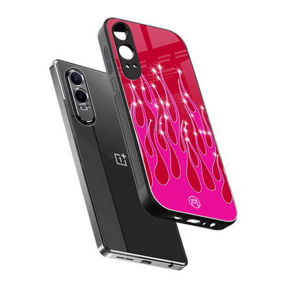 y2k magenta glittery flames back phone cover | glass case for oneplus nord ce 4 lite