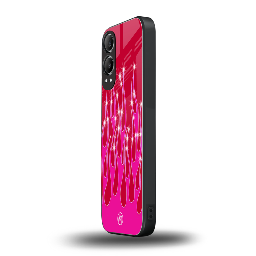 y2k magenta glittery flames back phone cover | glass case for oneplus nord ce 4 lite
