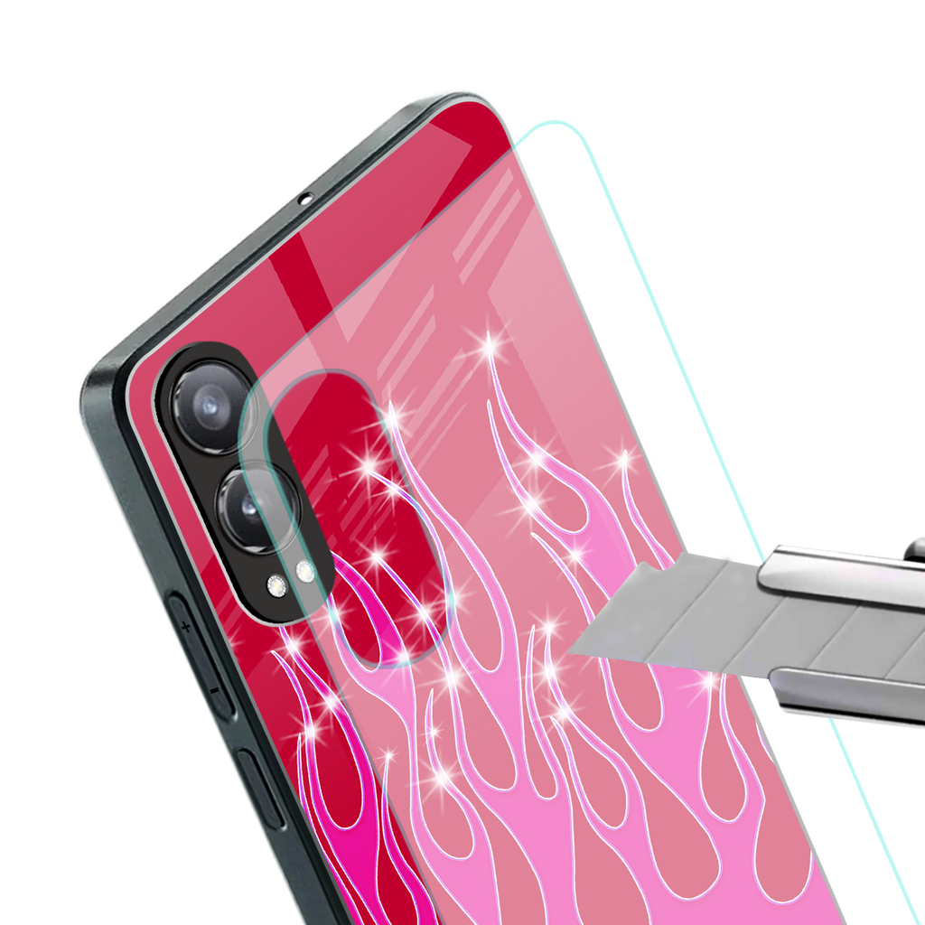 y2k magenta glittery flames back phone cover | glass case for oneplus nord ce 4 lite