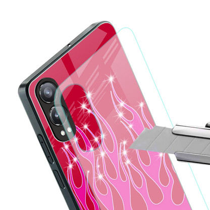 y2k magenta glittery flames back phone cover | glass case for oneplus nord ce 4 lite