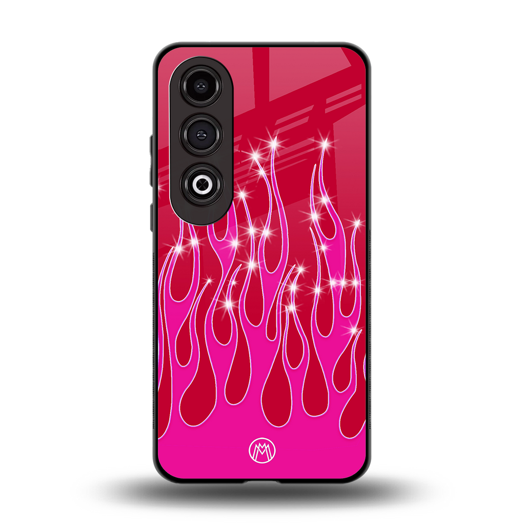 y2k magenta glittery flames back phone cover | glass case for oneplus nord ce 4