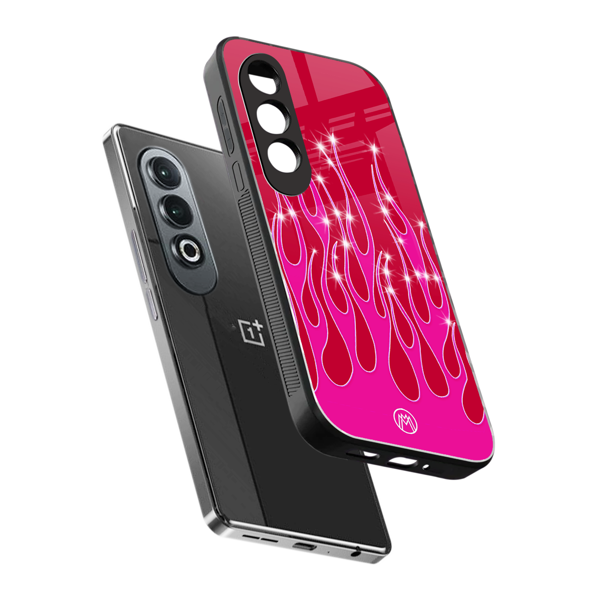 y2k magenta glittery flames back phone cover | glass case for oneplus nord ce 4