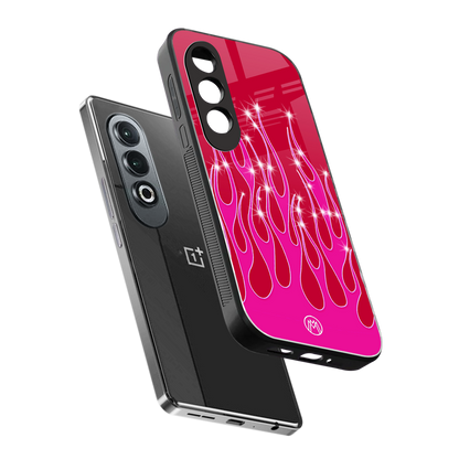 y2k magenta glittery flames back phone cover | glass case for oneplus nord ce 4