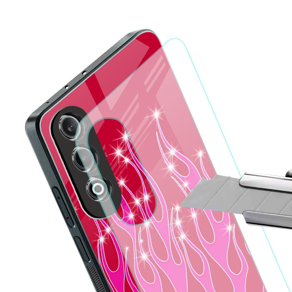 y2k magenta glittery flames back phone cover | glass case for oneplus nord ce 4