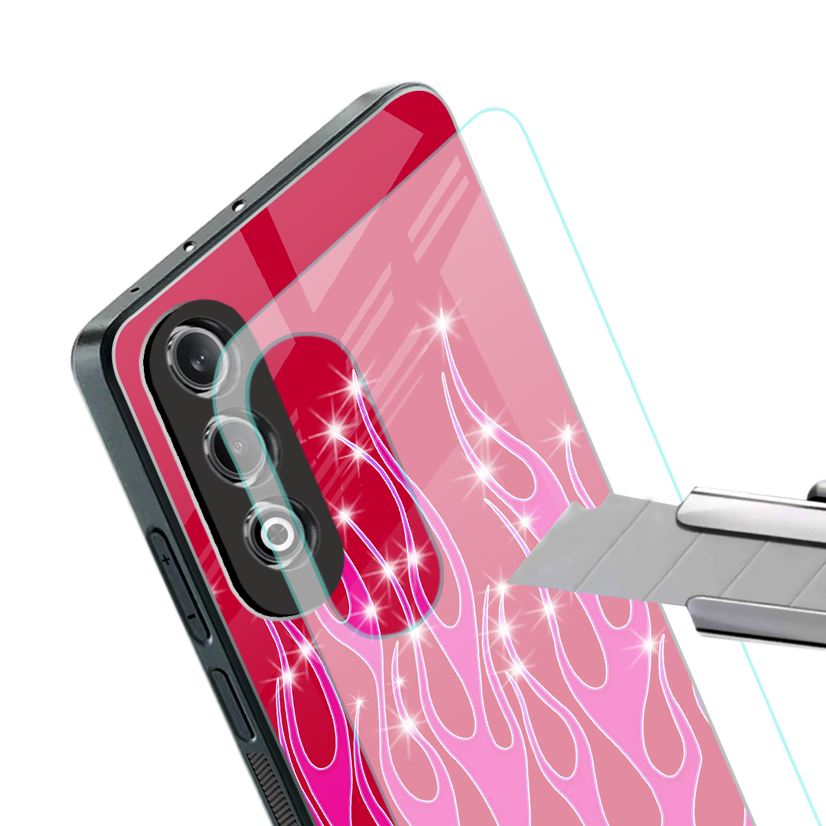 y2k magenta glittery flames back phone cover | glass case for oneplus nord ce 4