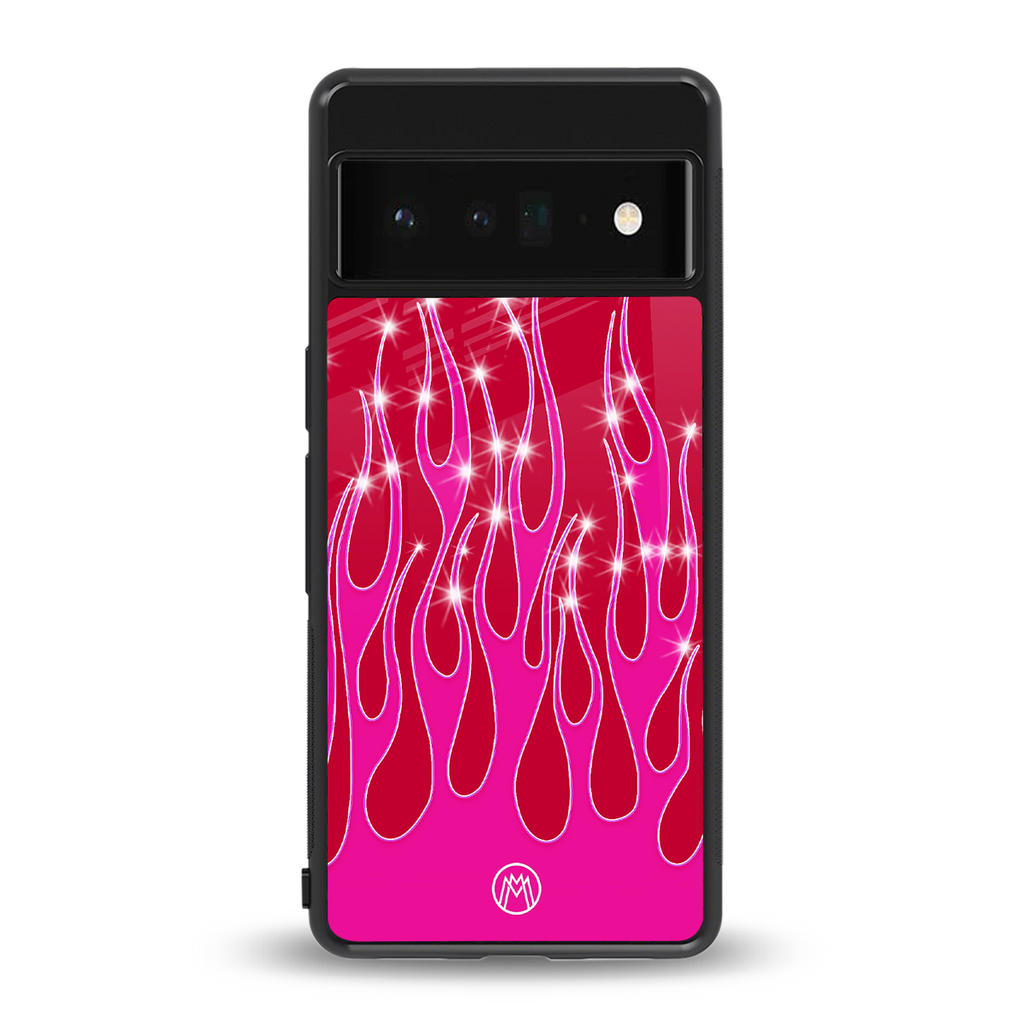 y2k magenta glittery flames back phone cover | glass case for google pixel 6 pro