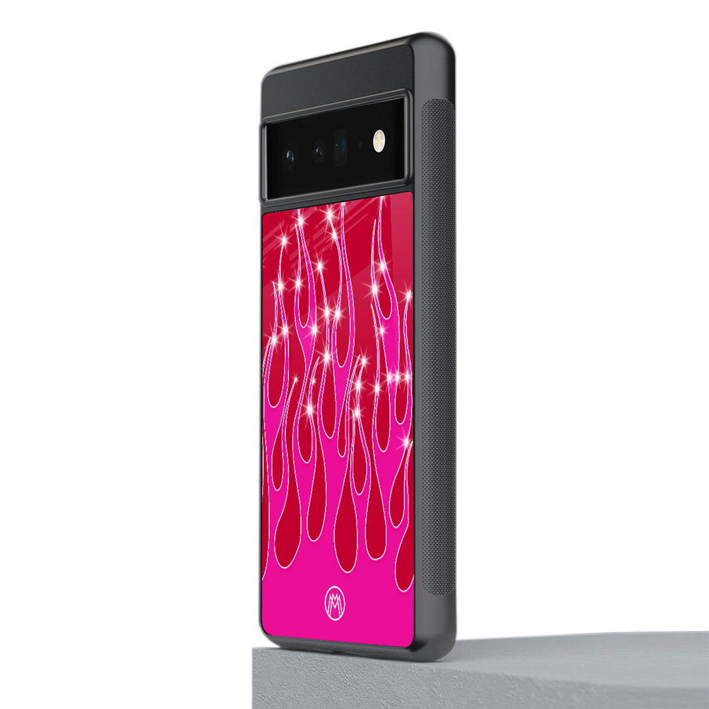 y2k magenta glittery flames back phone cover | glass case for google pixel 6 pro
