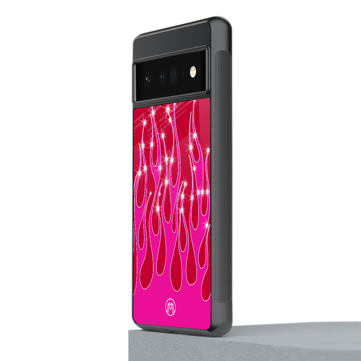 y2k magenta glittery flames back phone cover | glass case for google pixel 6 pro