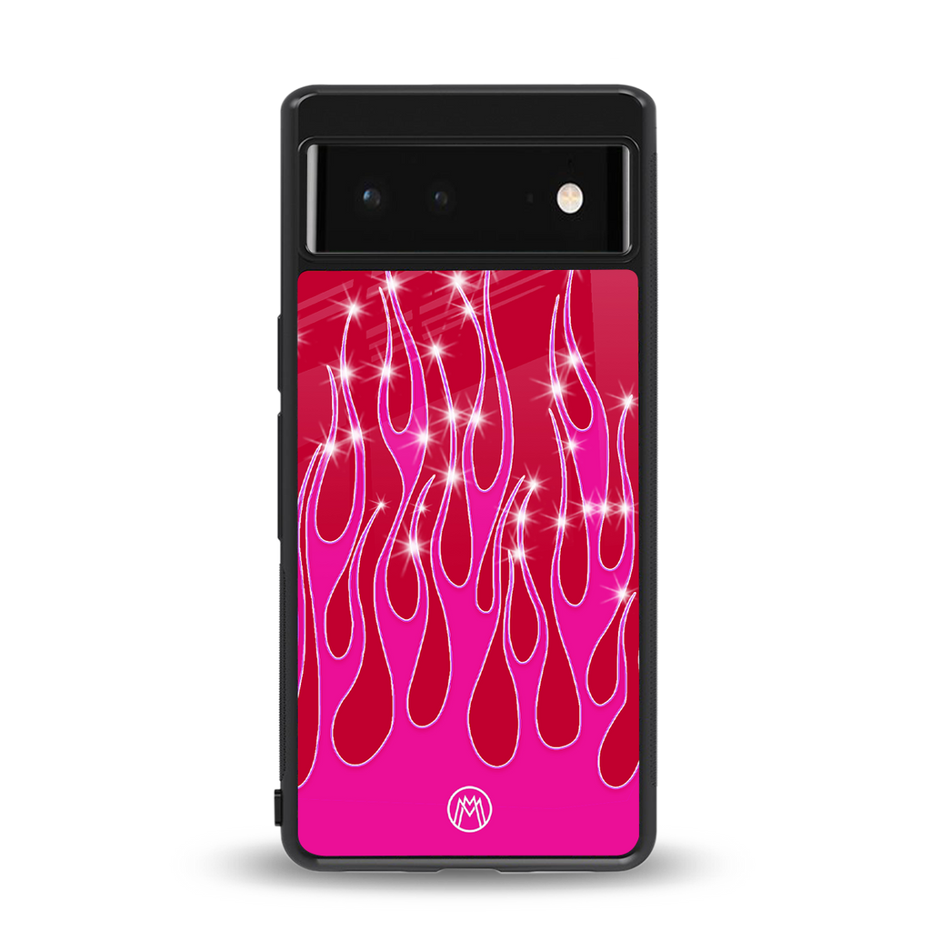 y2k magenta glittery flames back phone cover | glass case for google pixel 6