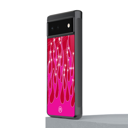 y2k magenta glittery flames back phone cover | glass case for google pixel 6