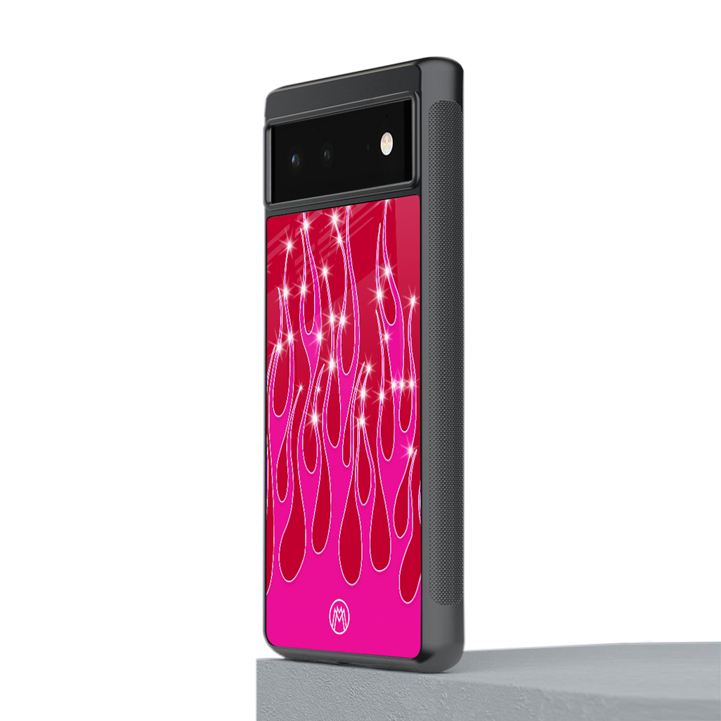 y2k magenta glittery flames back phone cover | glass case for Google Pixel 6A