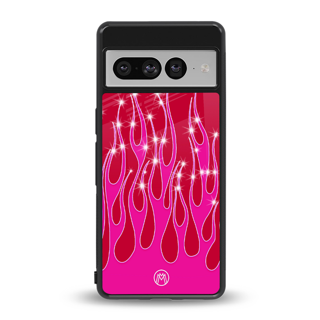 y2k magenta glittery flames back phone cover | glass case for google pixel 7 pro